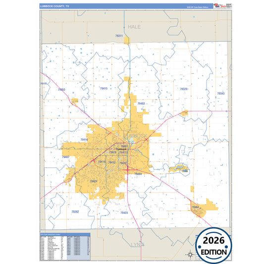 Lubbock County, TX Business Reference 5 Digit ZIP Code Wall Map