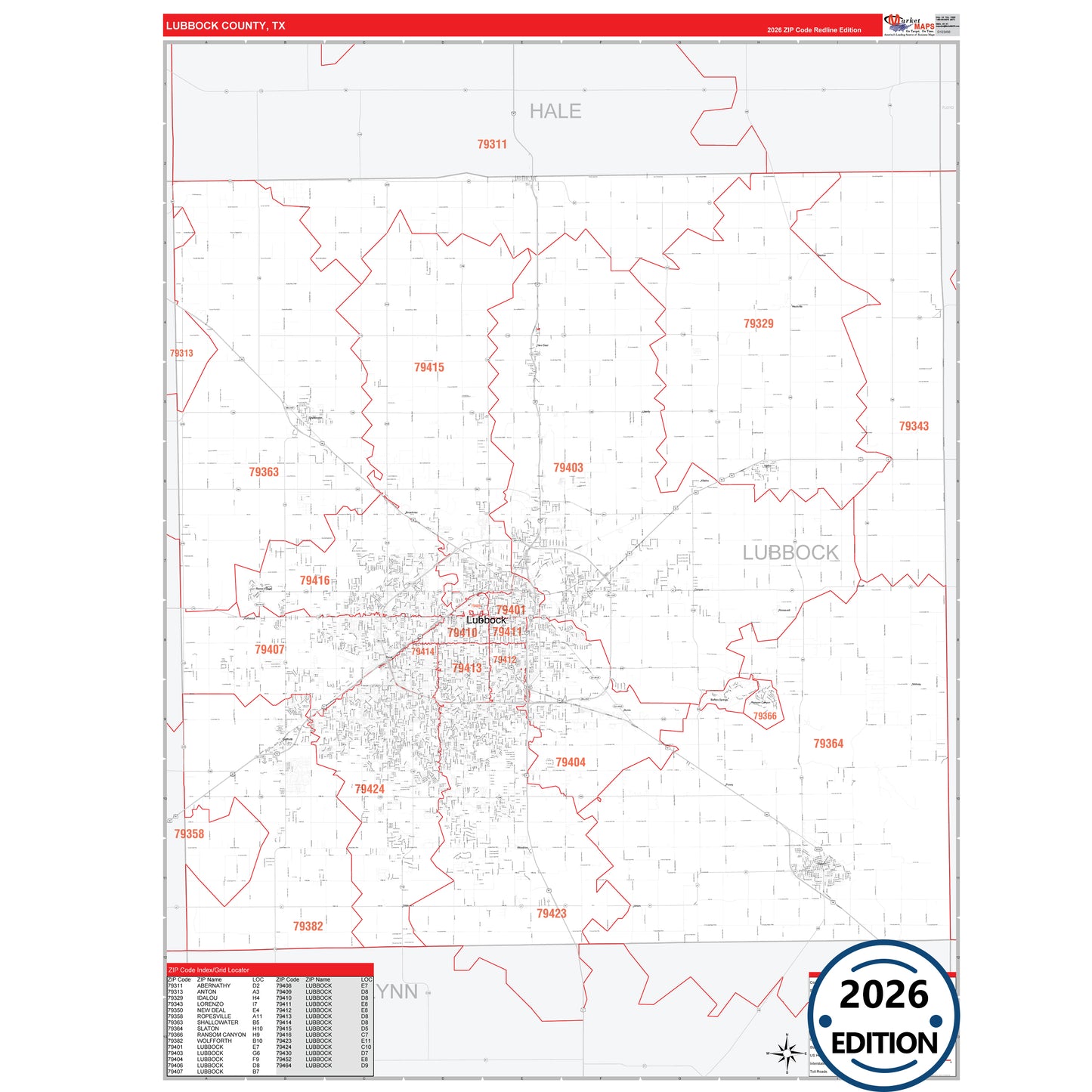 Lubbock County, TX Red Line 5 Digit ZIP Code Wall Map