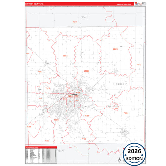 Lubbock County, TX Red Line 5 Digit ZIP Code Wall Map