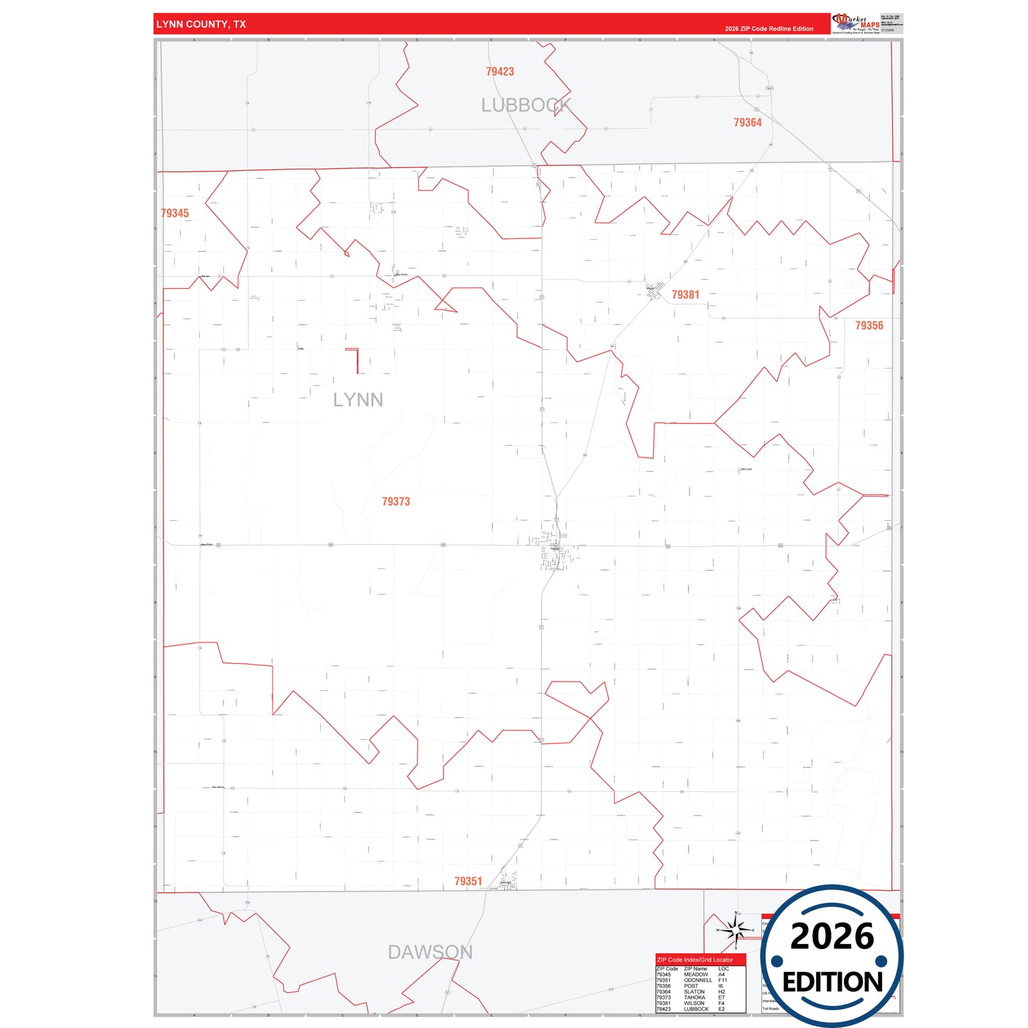 Lynn County, TX Red Line 5 Digit ZIP Code Wall Map