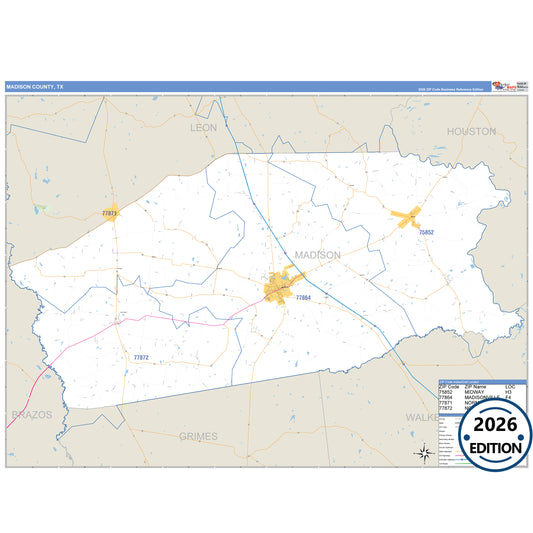 Madison County, TX Business Reference 5 Digit ZIP Code Wall Map