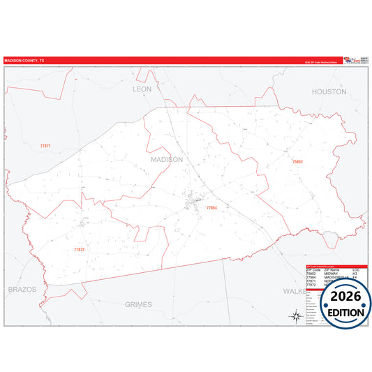 Madison County, TX Red Line 5 Digit ZIP Code Wall Map