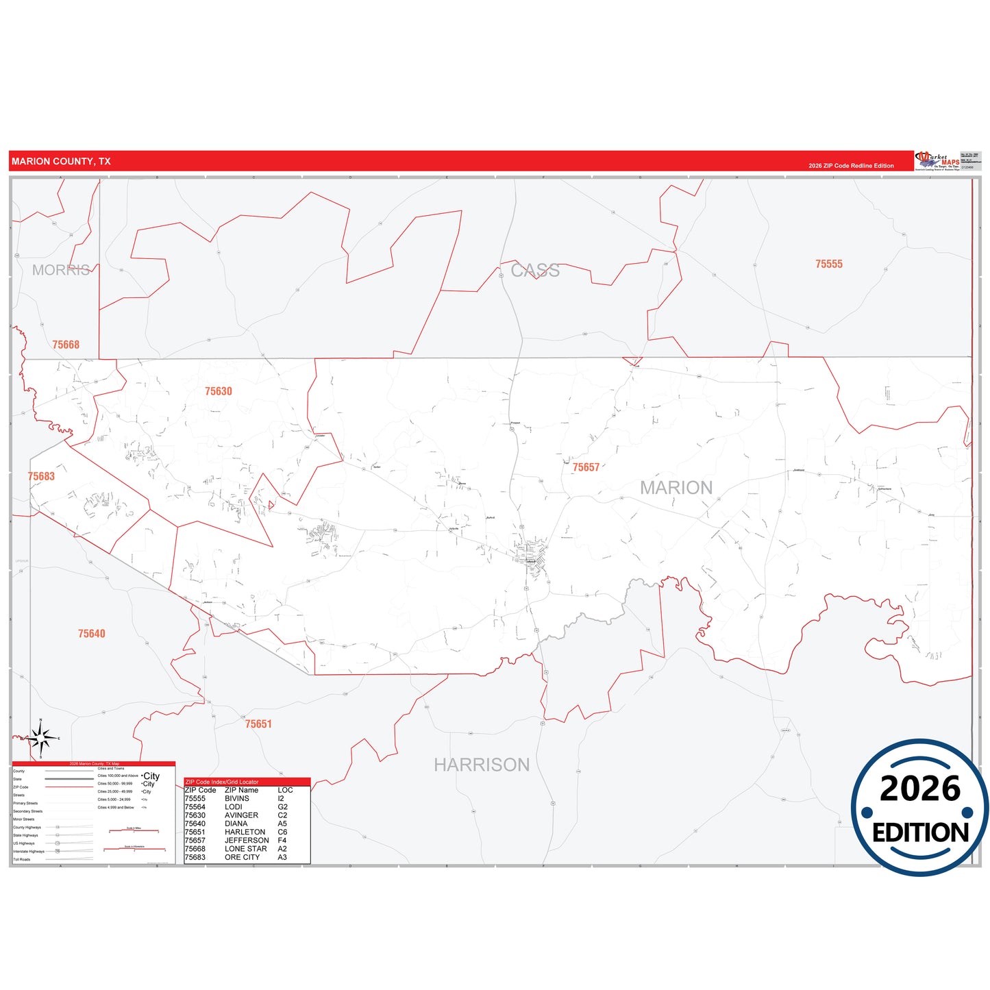 Marion County, TX Red Line 5 Digit ZIP Code Wall Map
