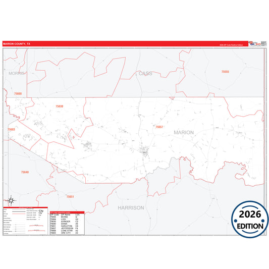 Marion County, TX Red Line 5 Digit ZIP Code Wall Map