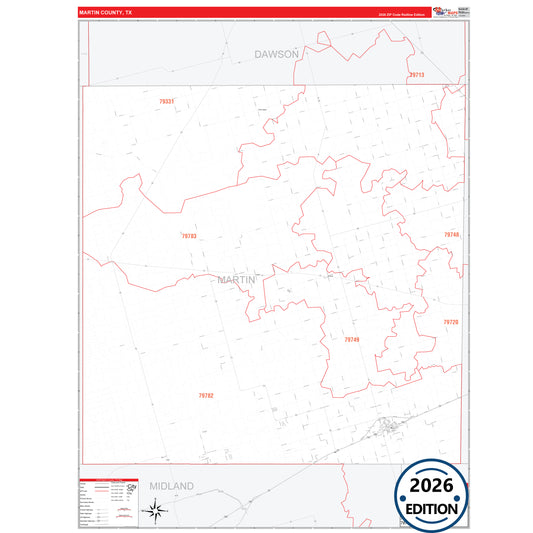 Martin County, TX Red Line 5 Digit ZIP Code Wall Map
