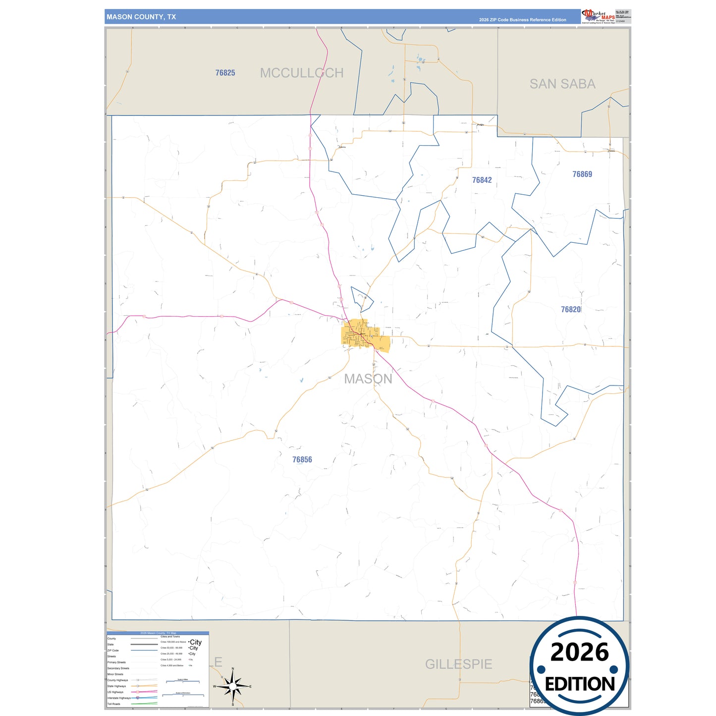 Mason County, TX Business Reference 5 Digit ZIP Code Wall Map