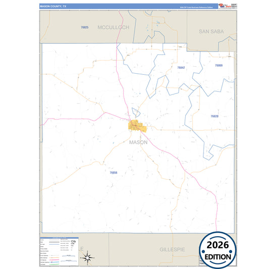 Mason County, TX Business Reference 5 Digit ZIP Code Wall Map