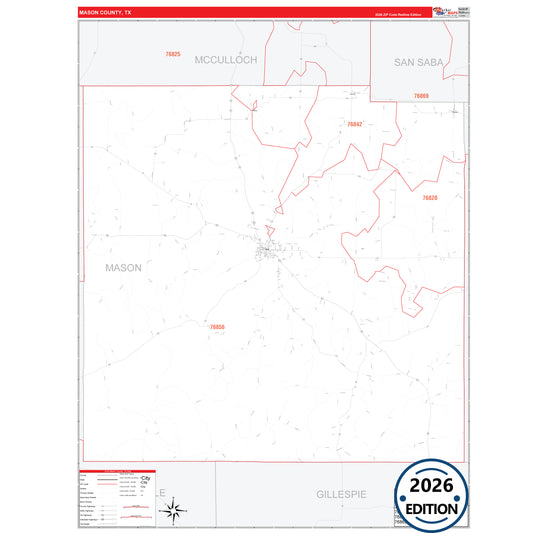 Mason County, TX Red Line 5 Digit ZIP Code Wall Map
