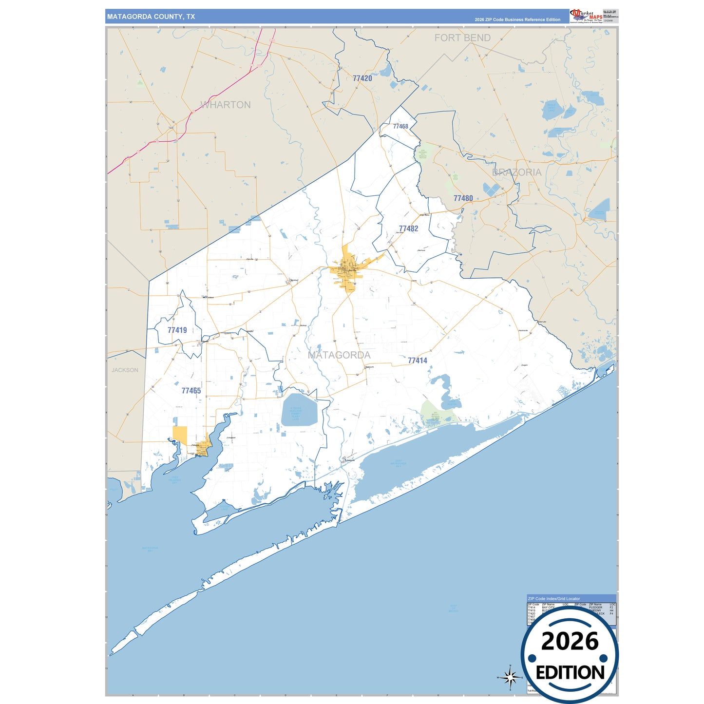 Matagorda County, TX Business Reference 5 Digit ZIP Code Wall Map