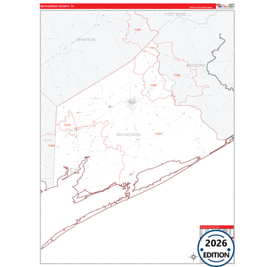 Matagorda County, TX Red Line 5 Digit ZIP Code Wall Map