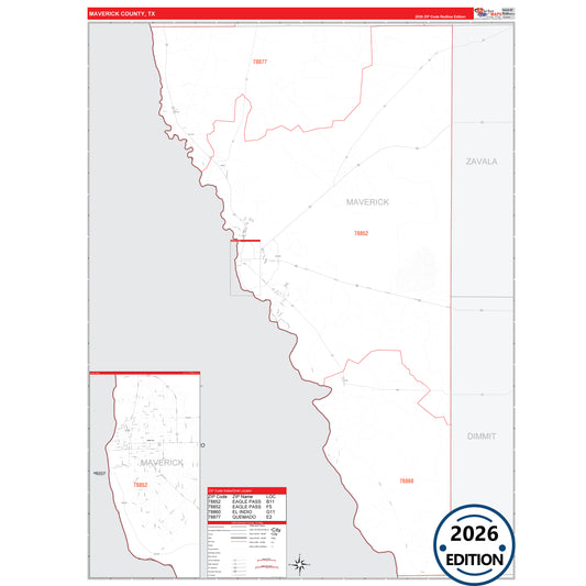 Maverick County, TX Red Line 5 Digit ZIP Code Wall Map