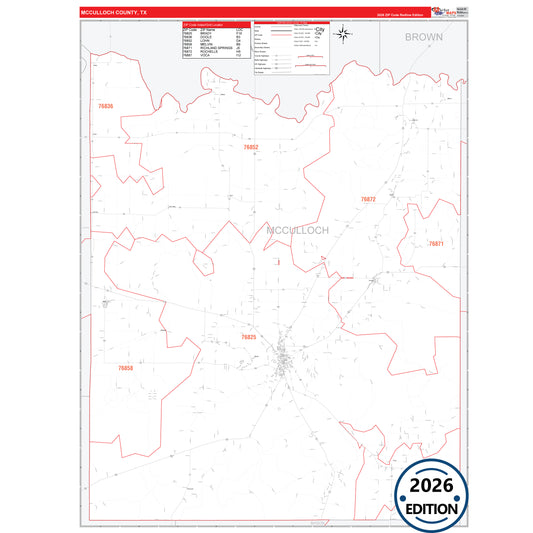 McCulloch County, TX Red Line 5 Digit ZIP Code Wall Map