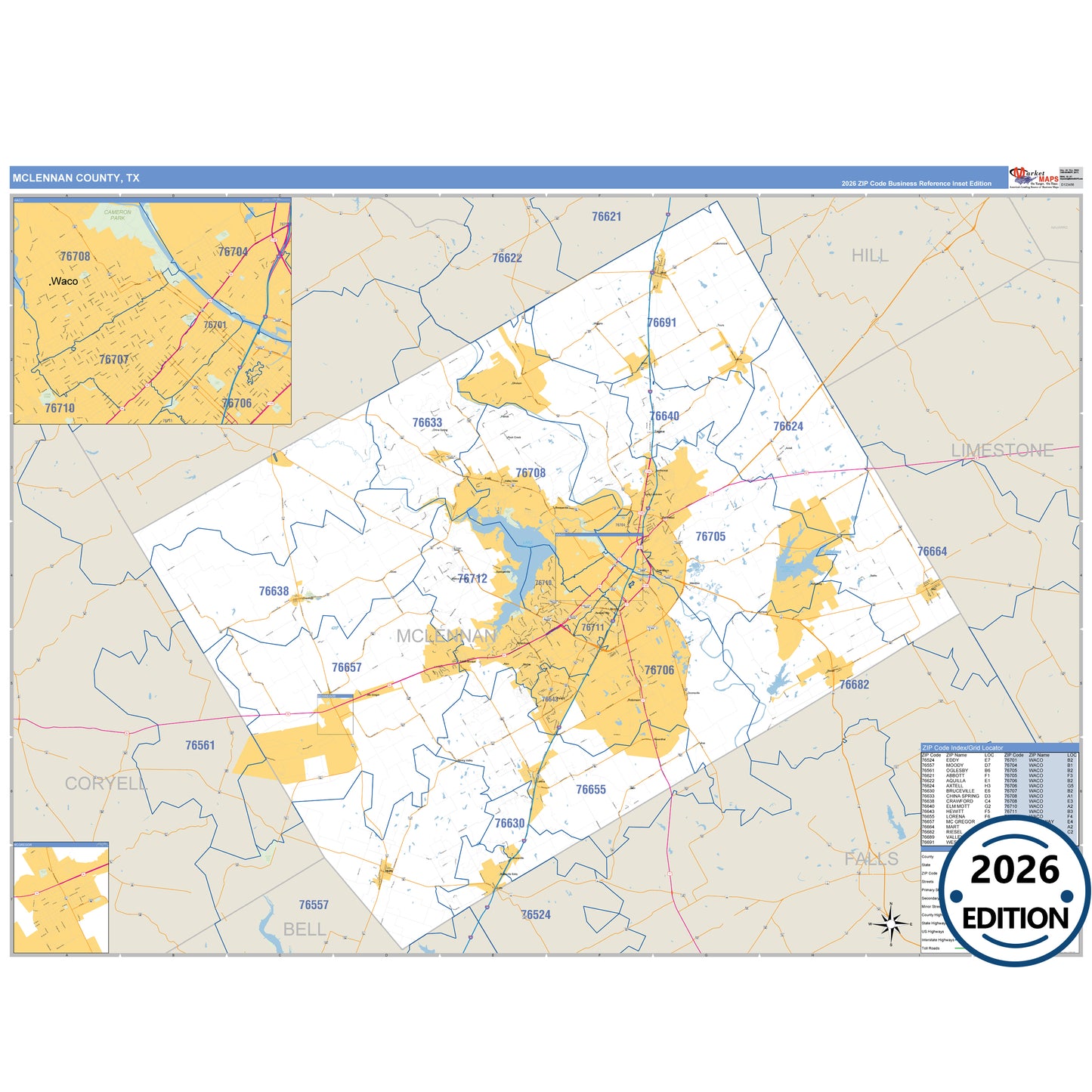McLennan County, TX Business Reference 5 Digit ZIP Code Wall Map