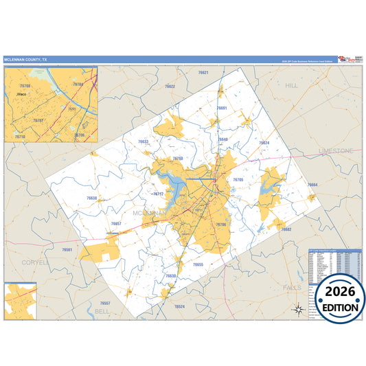 McLennan County, TX Business Reference 5 Digit ZIP Code Wall Map