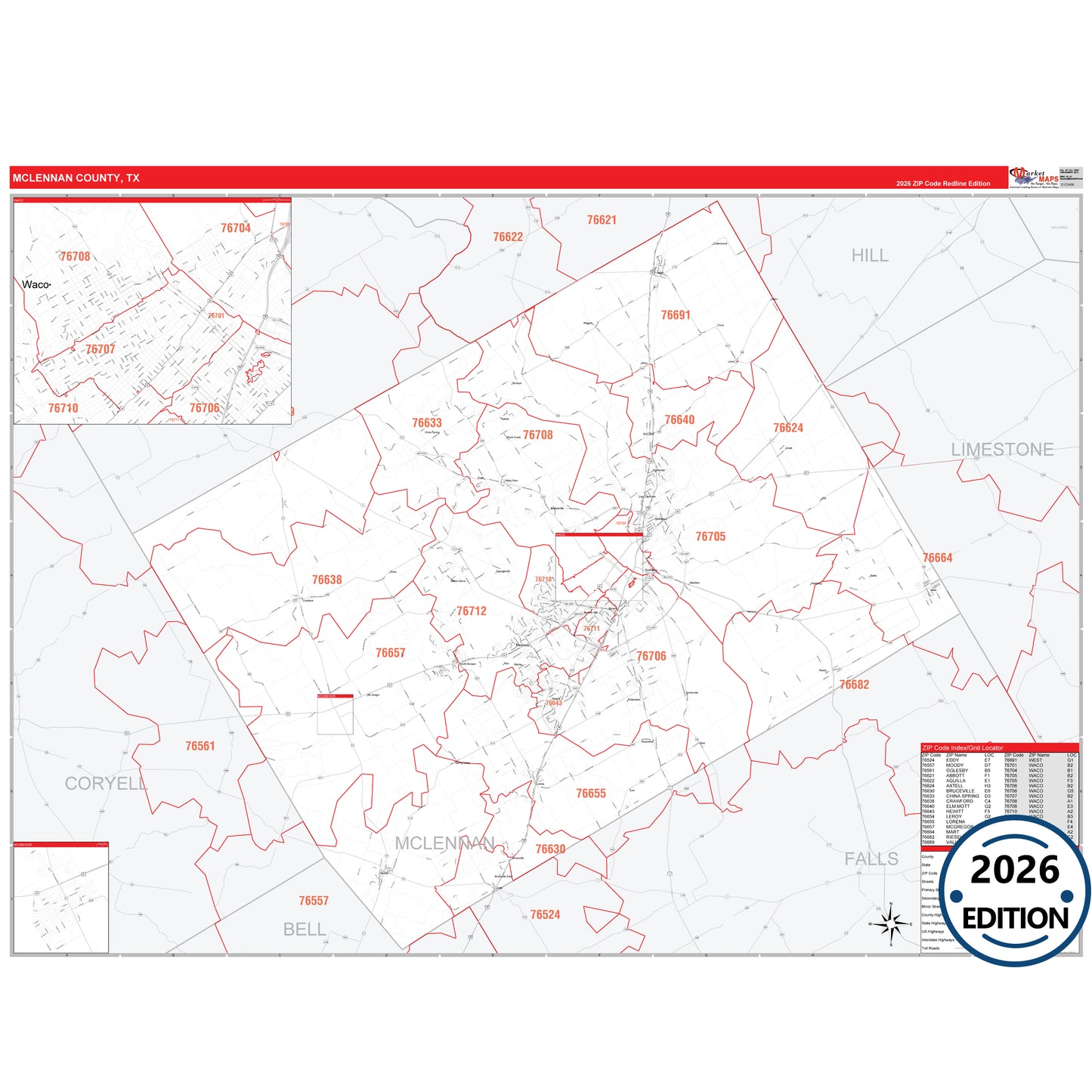 McLennan County, TX Red Line 5 Digit ZIP Code Wall Map