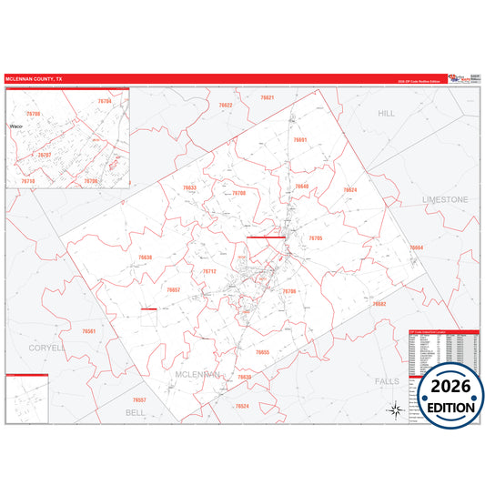 McLennan County, TX Red Line 5 Digit ZIP Code Wall Map