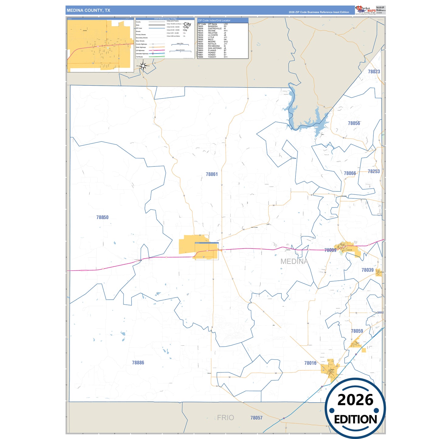 Medina County, TX Business Reference 5 Digit ZIP Code Wall Map