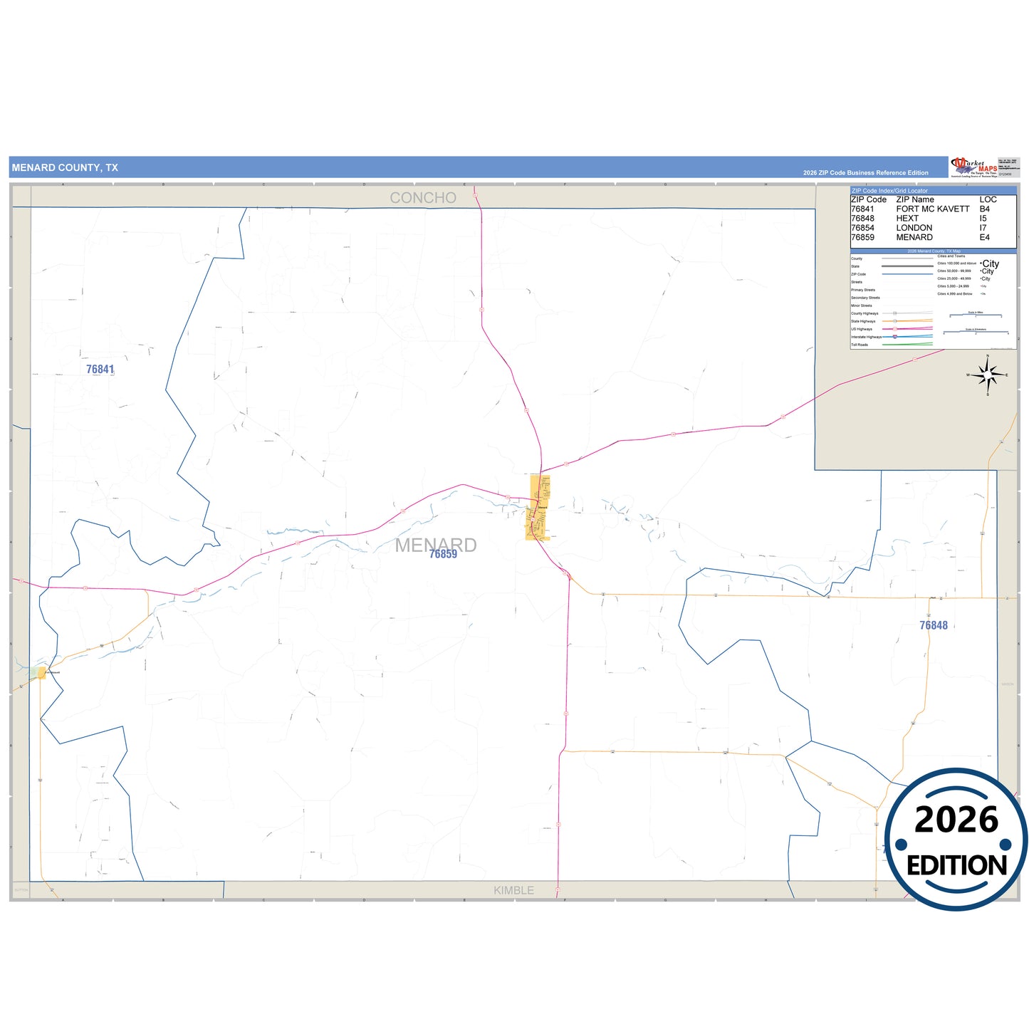 Menard County, TX Business Reference 5 Digit ZIP Code Wall Map