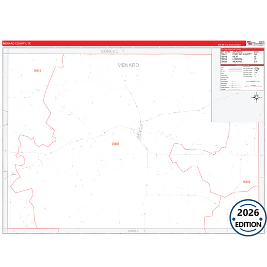 Menard County, TX Red Line 5 Digit ZIP Code Wall Map