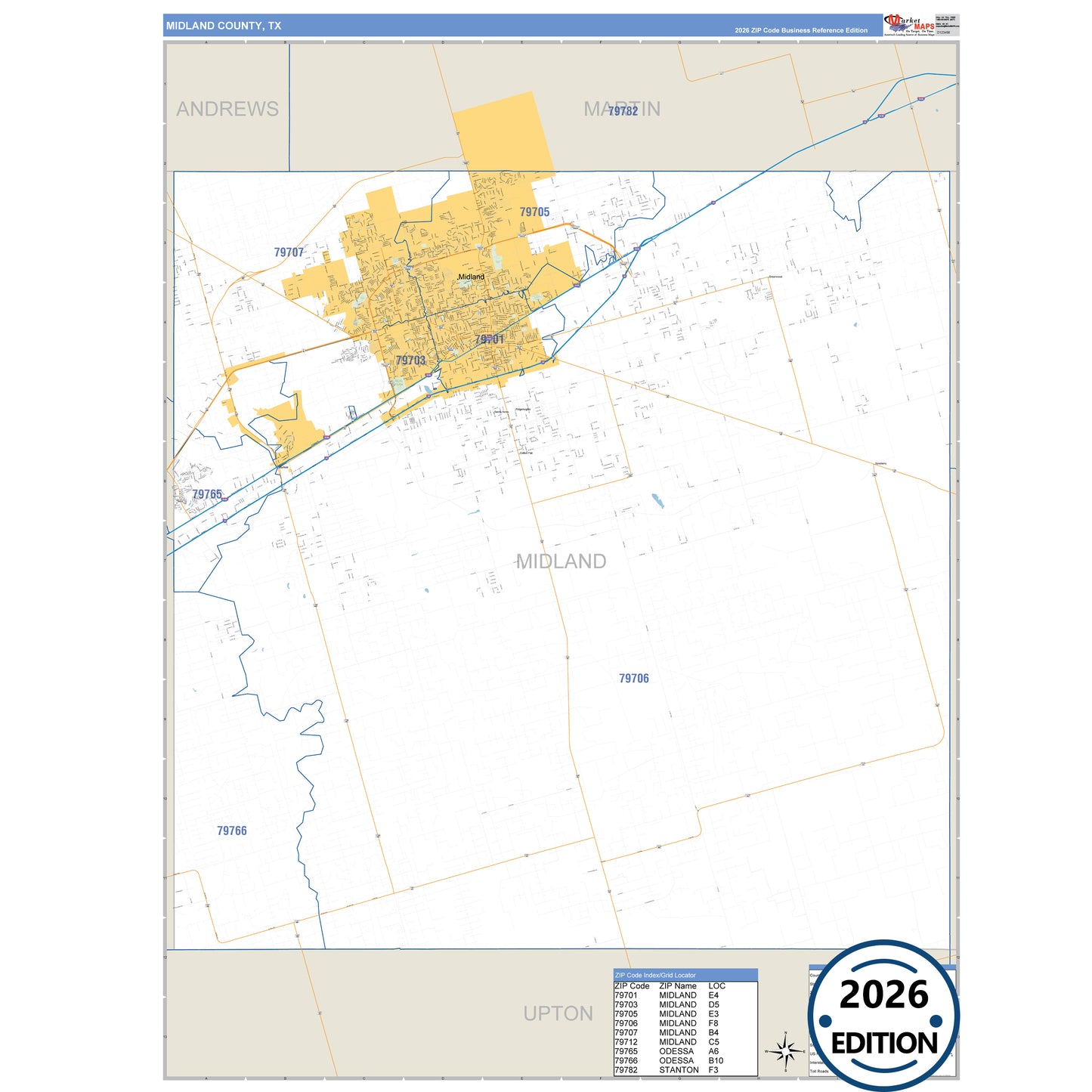 Midland County, TX Business Reference 5 Digit ZIP Code Wall Map