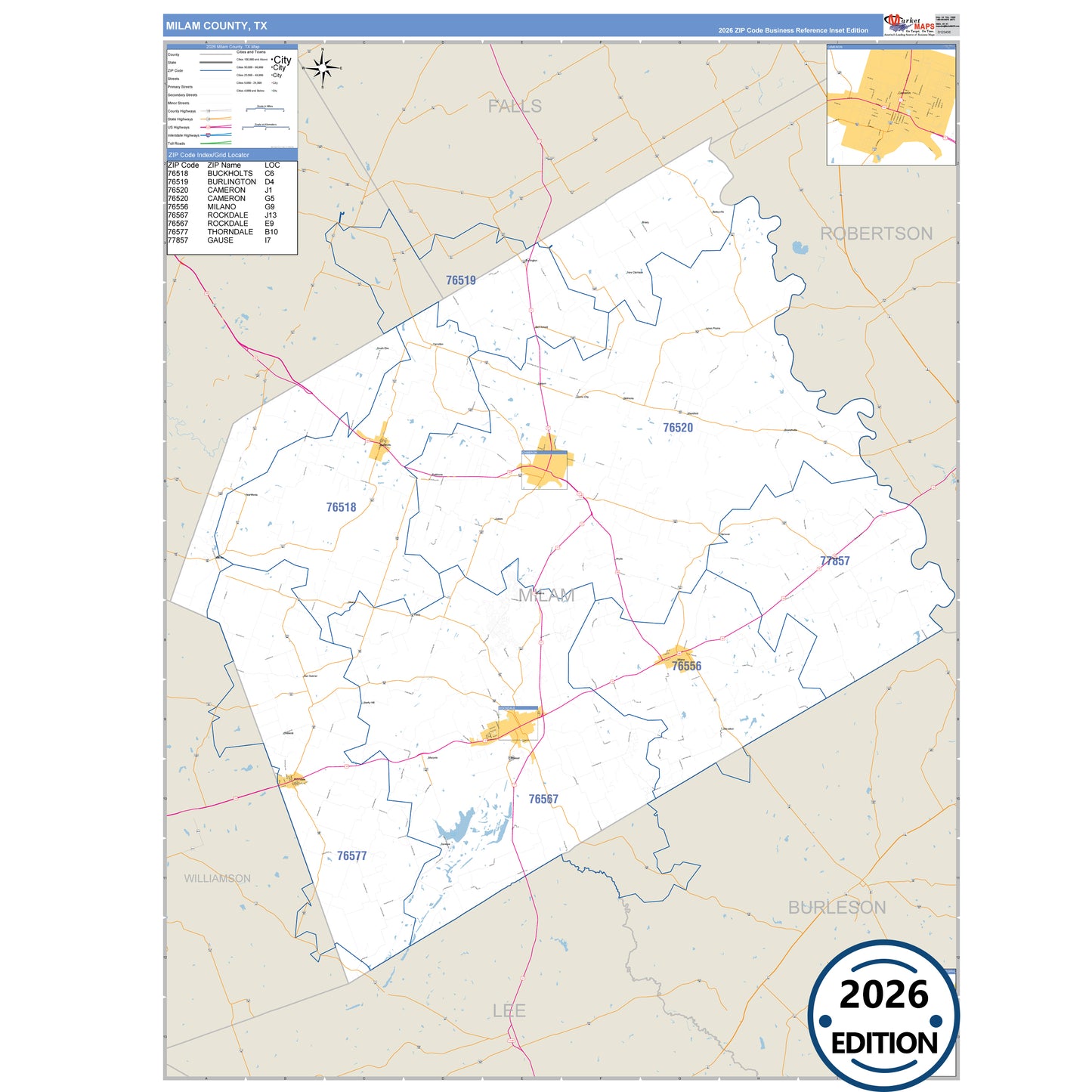 Milam County, TX Business Reference 5 Digit ZIP Code Wall Map