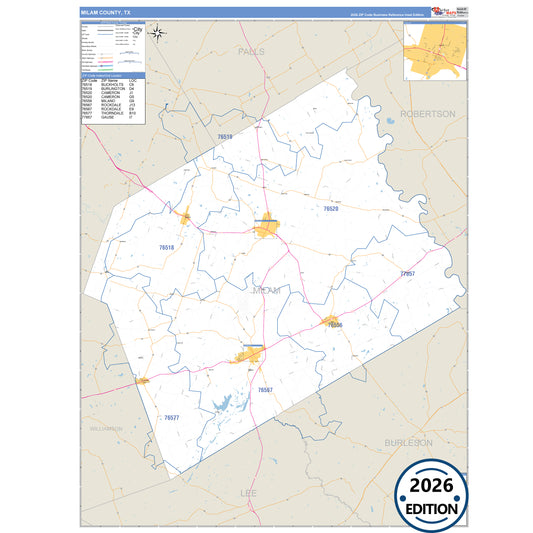 Milam County, TX Business Reference 5 Digit ZIP Code Wall Map
