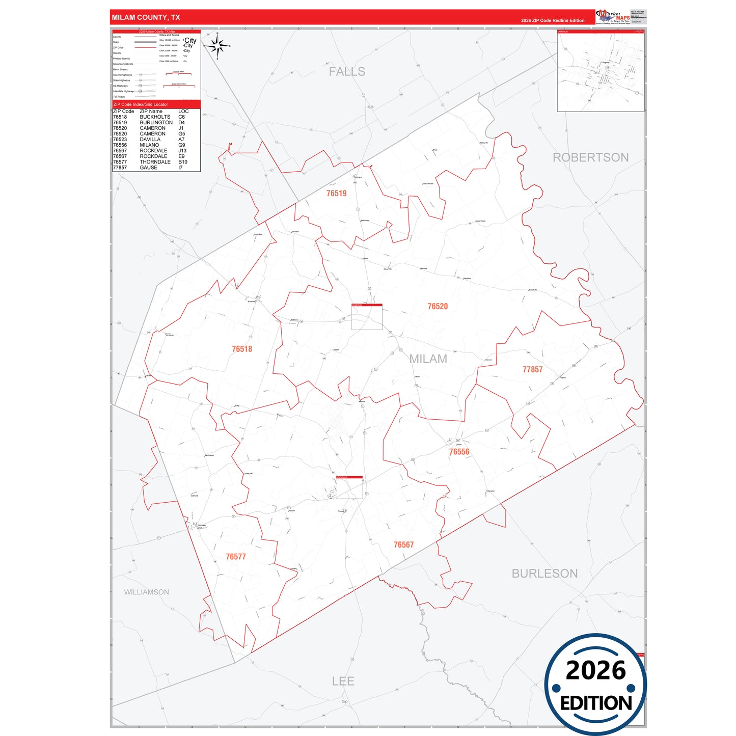 Milam County, TX Red Line 5 Digit ZIP Code Wall Map