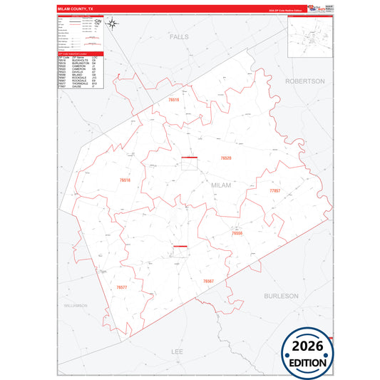 Milam County, TX Red Line 5 Digit ZIP Code Wall Map