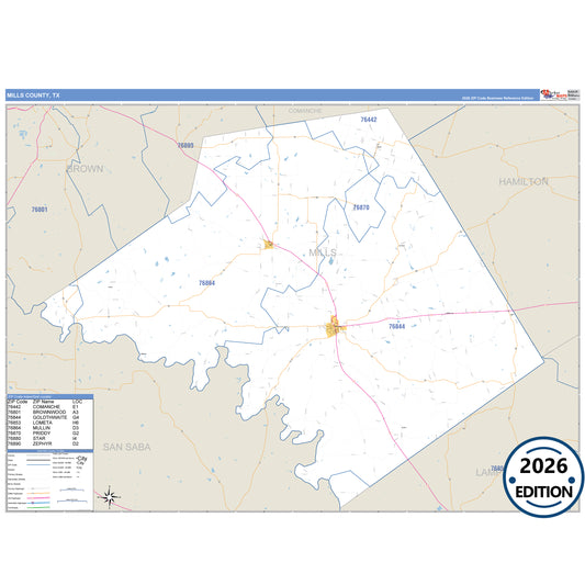 Mills County, TX Business Reference 5 Digit ZIP Code Wall Map