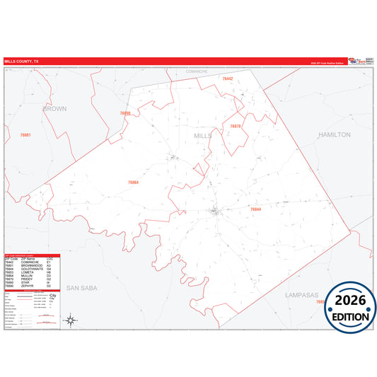 Mills County, TX Red Line 5 Digit ZIP Code Wall Map