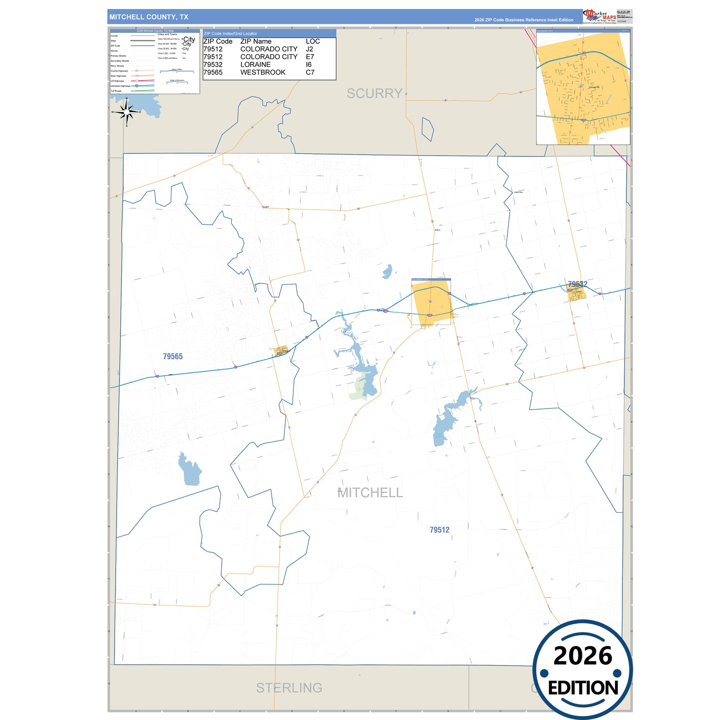 Mitchell County, TX Business Reference 5 Digit ZIP Code Wall Map