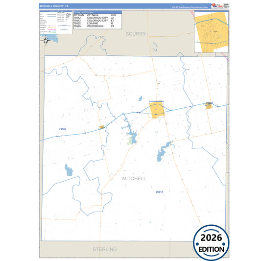 Mitchell County, TX Business Reference 5 Digit ZIP Code Wall Map