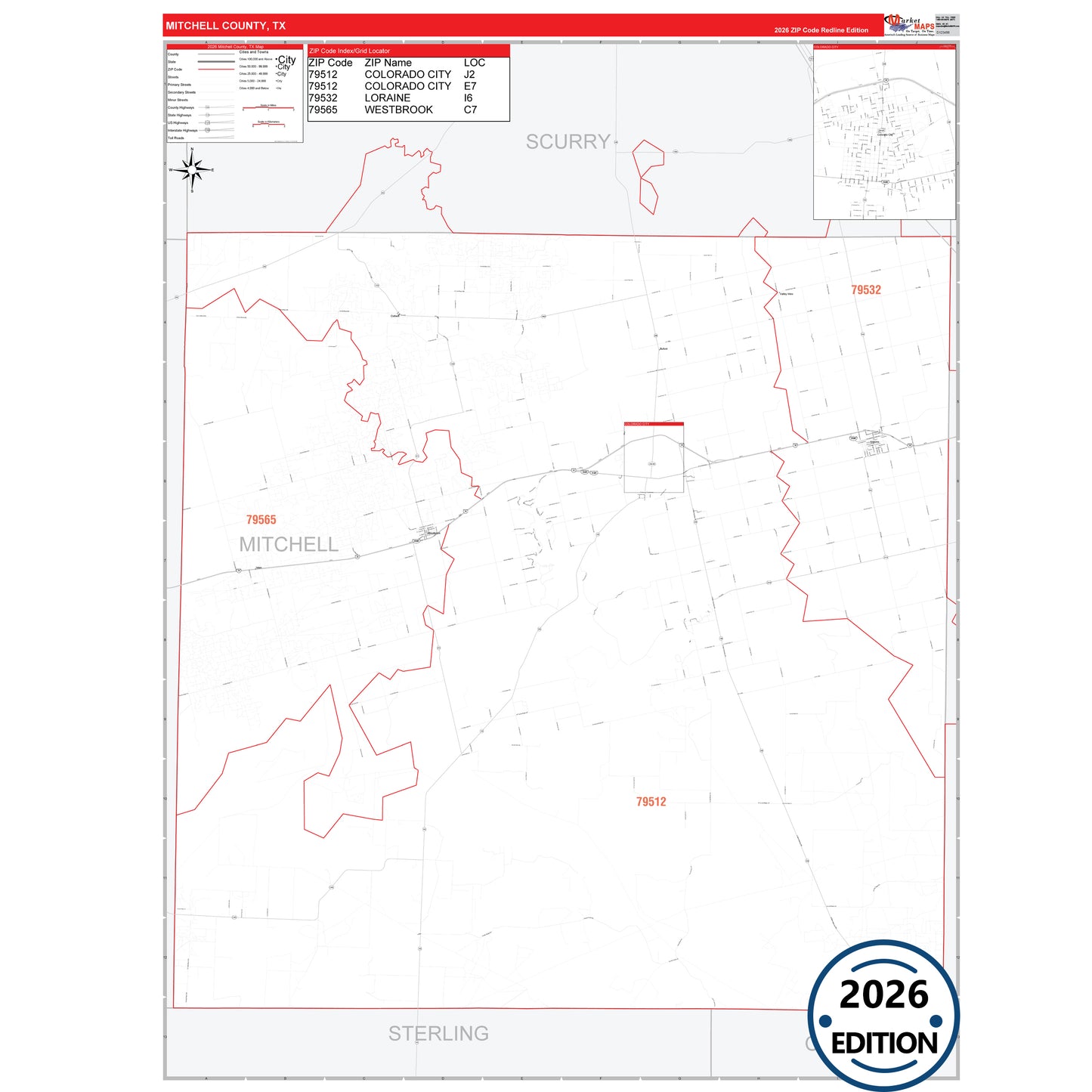 Mitchell County, TX Red Line 5 Digit ZIP Code Wall Map
