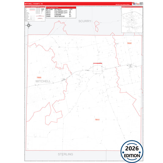 Mitchell County, TX Red Line 5 Digit ZIP Code Wall Map