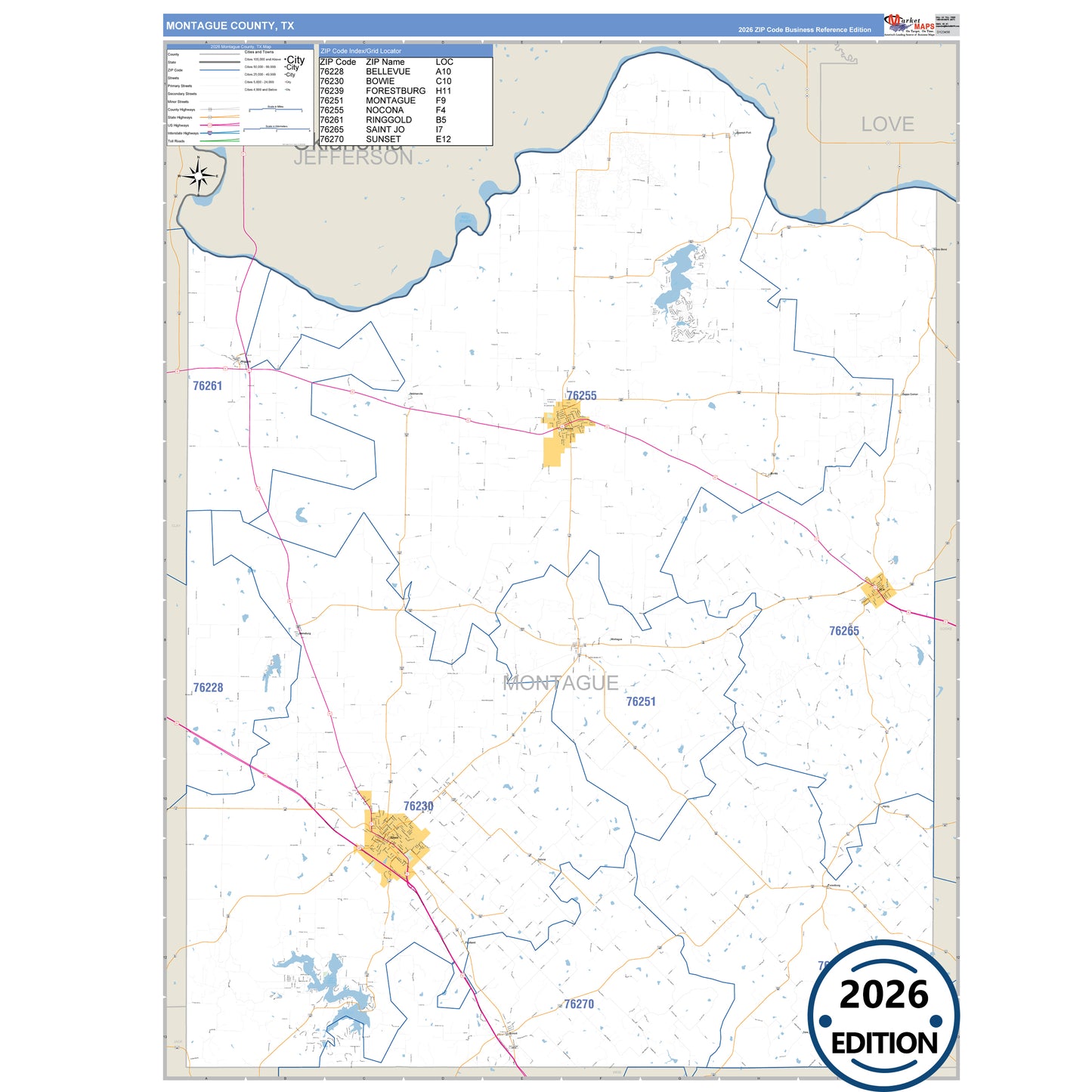 Montague County, TX Business Reference 5 Digit ZIP Code Wall Map