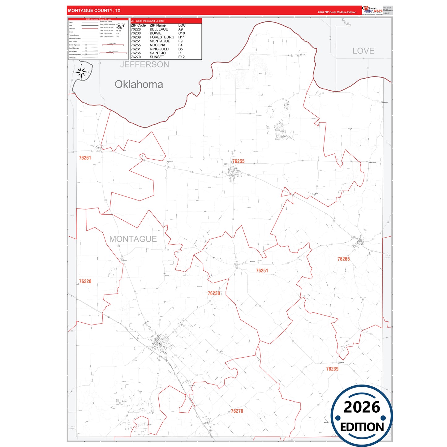 Montague County, TX Red Line 5 Digit ZIP Code Wall Map