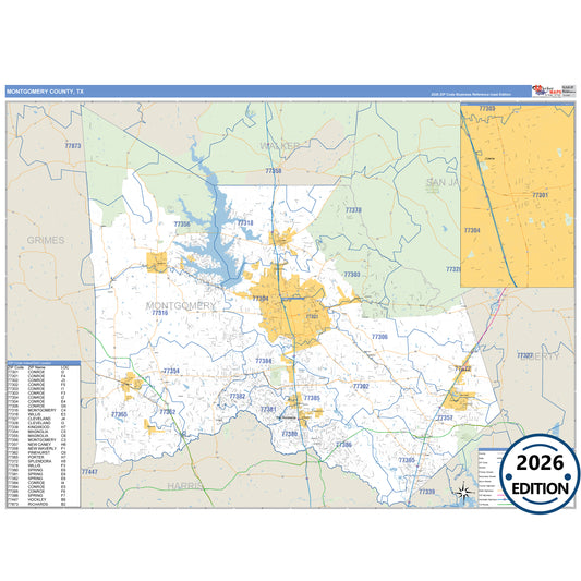 Montgomery County, TX Business Reference 5 Digit ZIP Code Wall Map