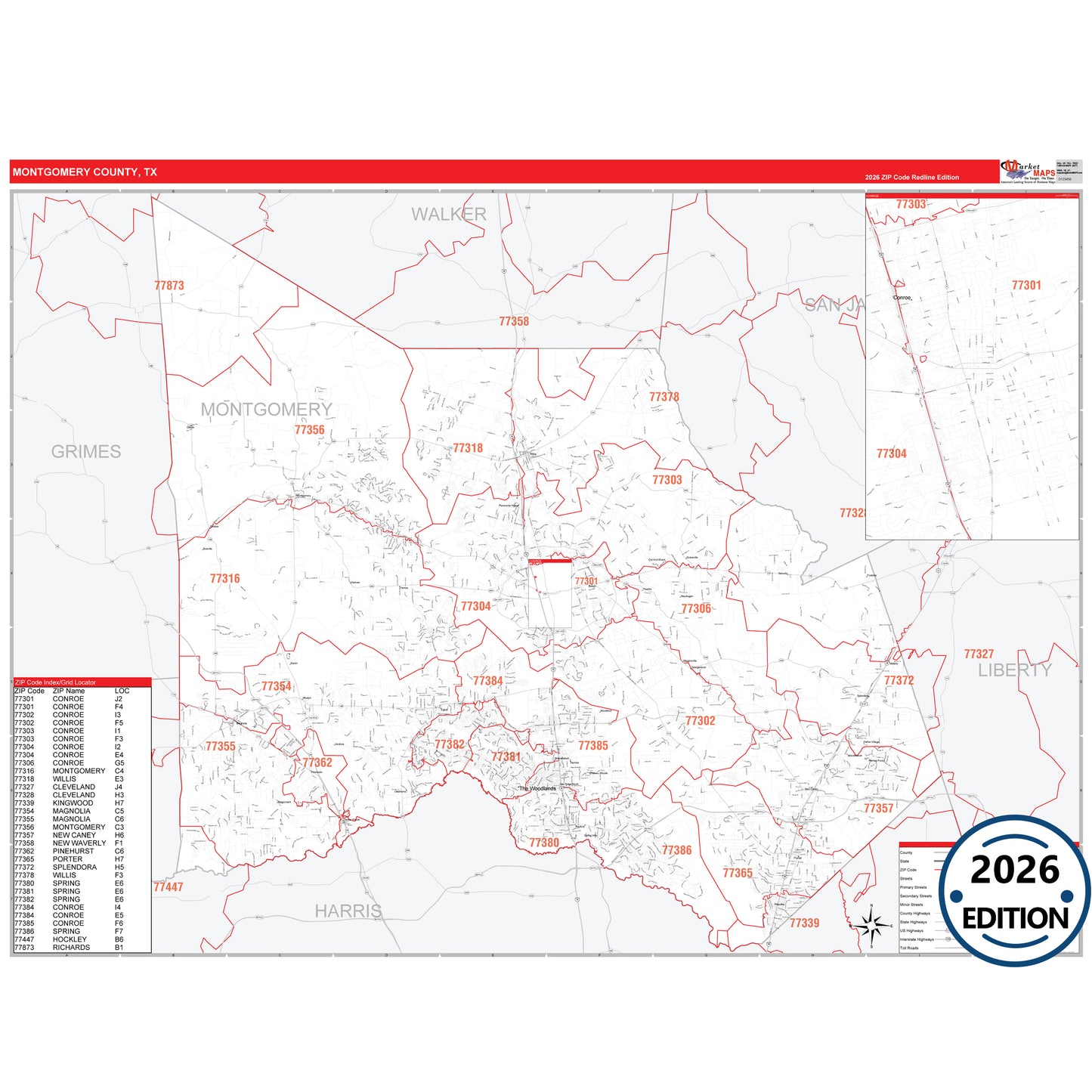 Montgomery County, TX Red Line 5 Digit ZIP Code Wall Map