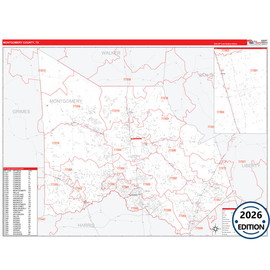 Montgomery County, TX Red Line 5 Digit ZIP Code Wall Map
