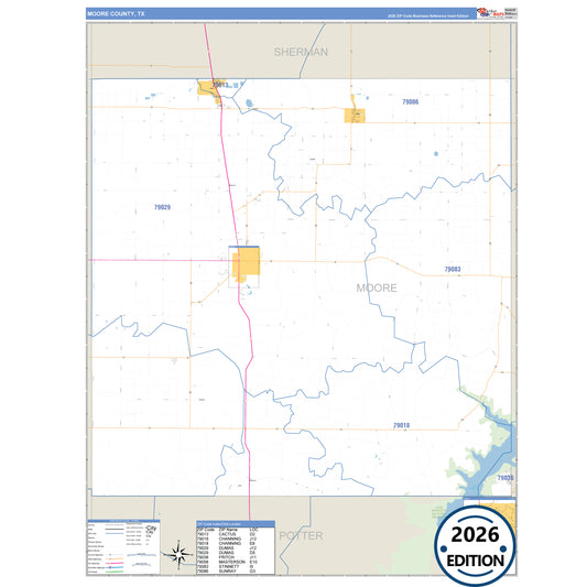 Moore County, TX Business Reference 5 Digit ZIP Code Wall Map
