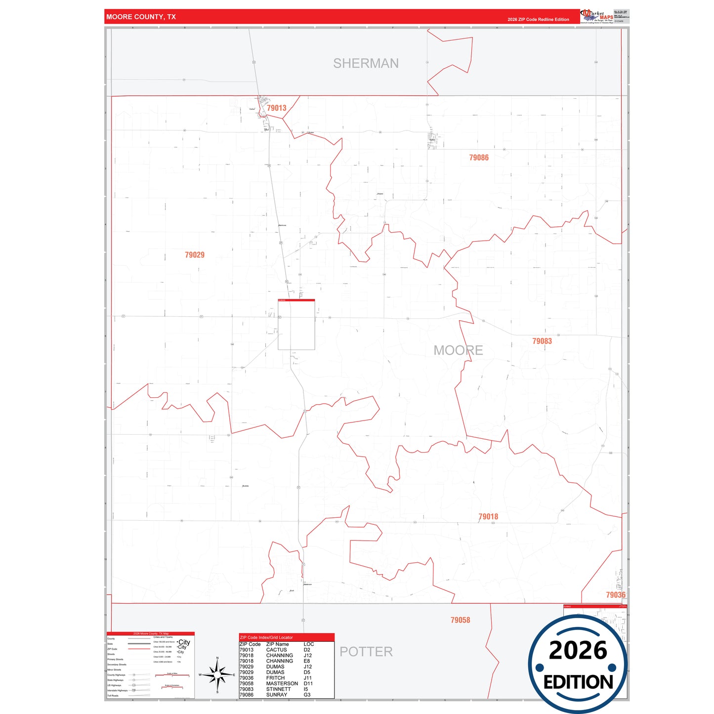 Moore County, TX Red Line 5 Digit ZIP Code Wall Map