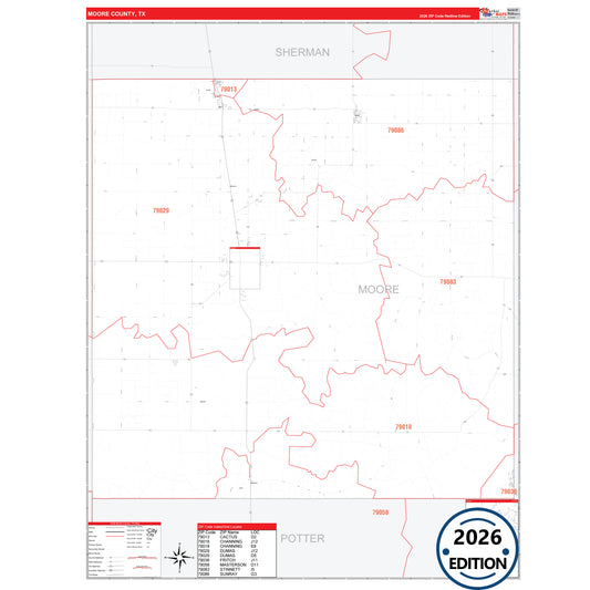 Moore County, TX Red Line 5 Digit ZIP Code Wall Map