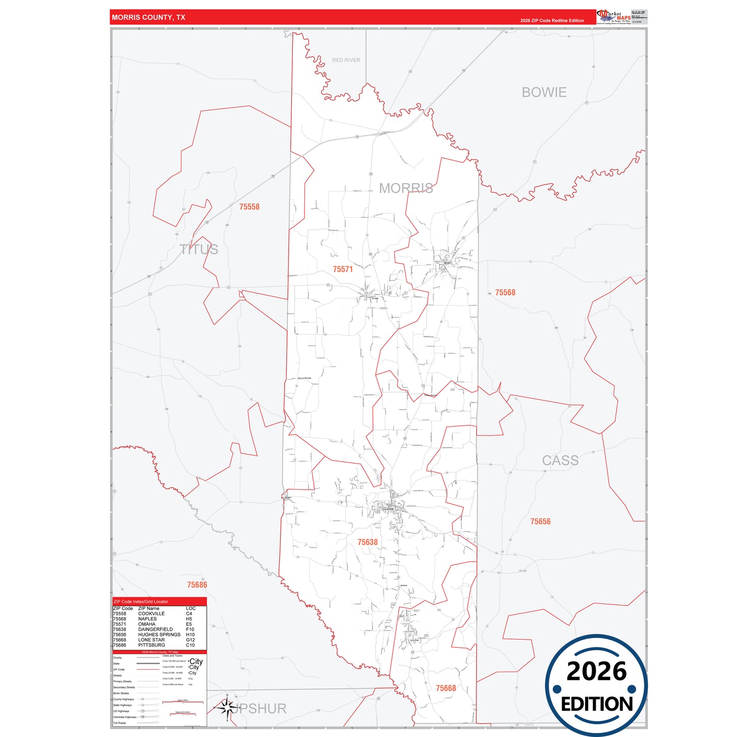 Morris County, TX Red Line 5 Digit ZIP Code Wall Map
