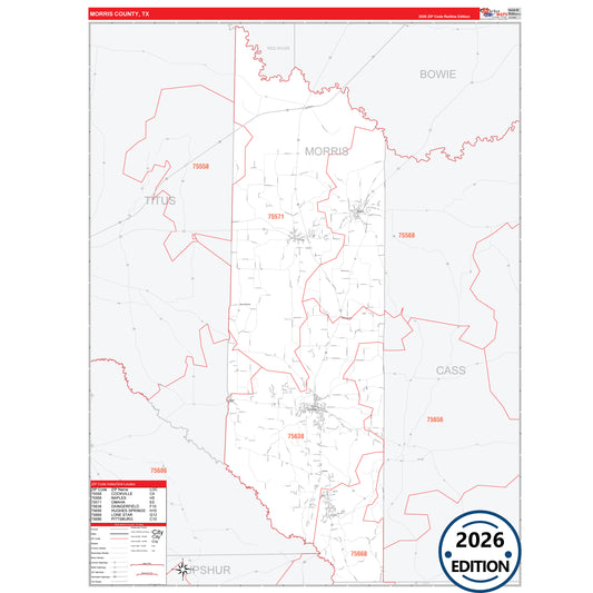 Morris County, TX Red Line 5 Digit ZIP Code Wall Map