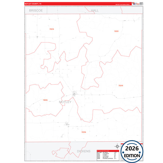 Motley County, TX Red Line 5 Digit ZIP Code Wall Map