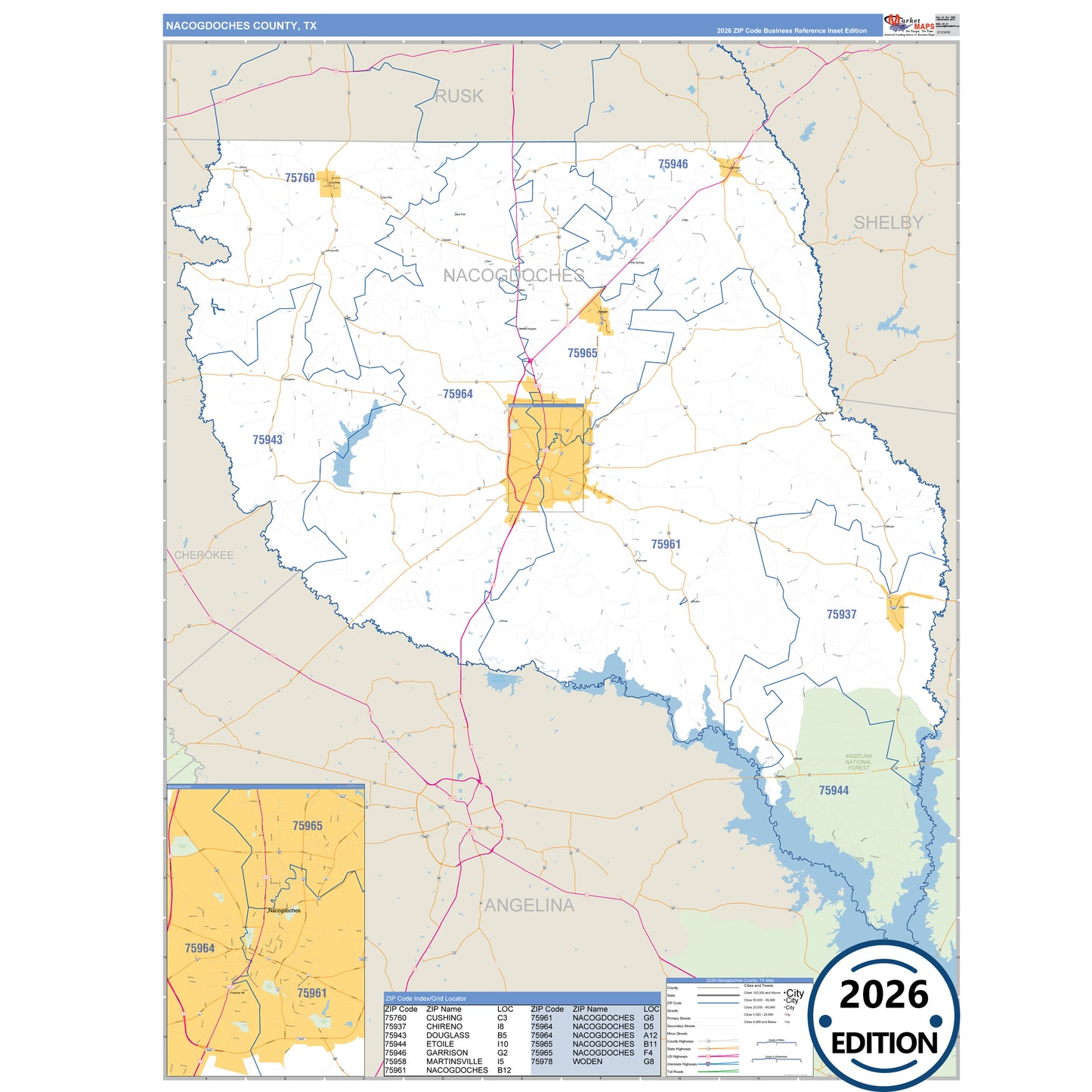 Nacogdoches County, TX Business Reference 5 Digit ZIP Code Wall Map
