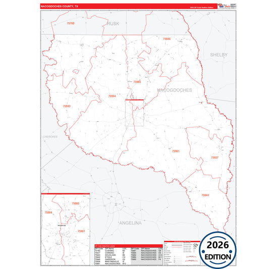 Nacogdoches County, TX Red Line 5 Digit ZIP Code Wall Map