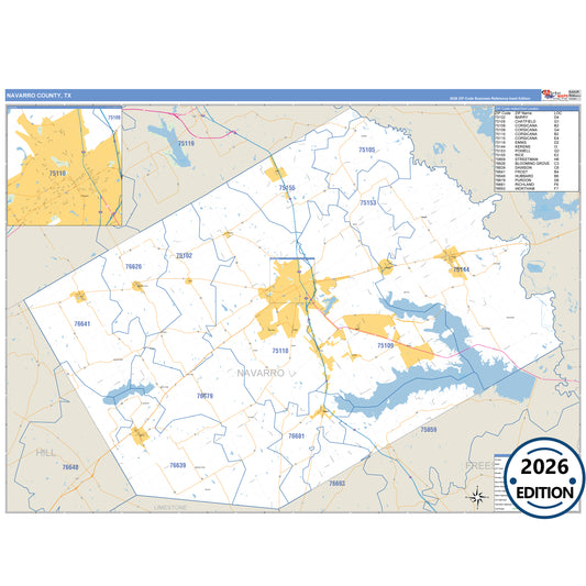Navarro County, TX Business Reference 5 Digit ZIP Code Wall Map