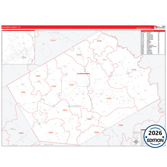 Navarro County, TX Red Line 5 Digit ZIP Code Wall Map