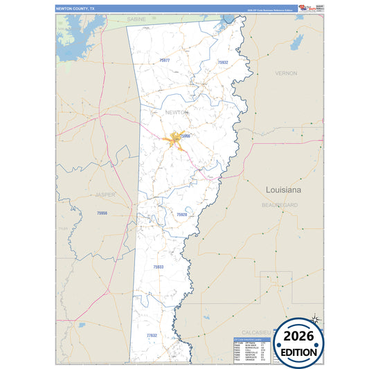 Newton County, TX Business Reference 5 Digit ZIP Code Wall Map